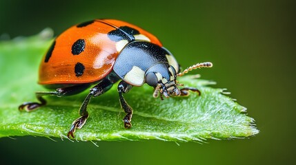 Fototapeta premium A ladybug's close-up on a leaf with water droplets on its back legs