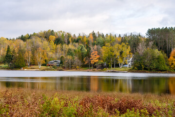 Holiday homes among colourful autumnal trees on the shore of a mountain lake on a cloudy day