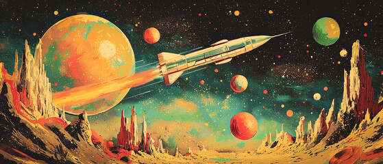A retro-futuristic illustration of a 1950s-inspired space travel scene, featuring vintage spaceships and colorful planets.