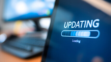 Close-up of computer screen showing software update progress bar with "Updating" text, keyboard and mouse visible in blurred background, modern technology and digital transformation concept.