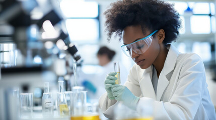 
Dedicated female scientist conducting research in modern laboratory environment