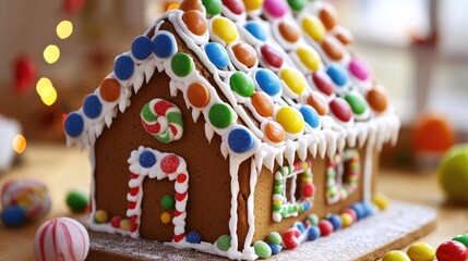 Gingerbread house with colorful candies. AI generated illustration.