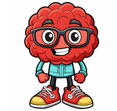 recommend clip art: Vector illustration of cartoon characters featuring a healthy brain and heart with arms, legs, and sunglasses. There are various styles of nerdy cartoon brains presenting outlines and icons.
