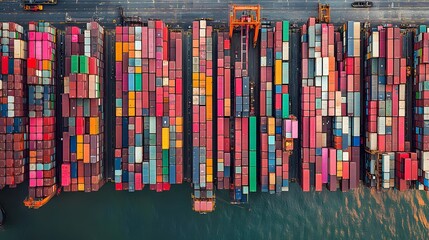 Obraz premium 1. A wide-angle view of rows of colorful cargo containers stacked high atop massive container ships docked at a bustling industrial port, capturing the scale and activity of the shipping industry
