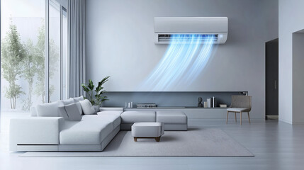 Innovative air conditioning system visualized with cool air flow in a modern living room, symbolizing comfort and advanced climate control technology