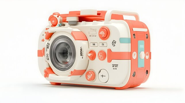 A classic 3D Viewmaster device with a film reel inserted and various buttons on the top presenting a retro and nostalgic design in vivid red and white colors
