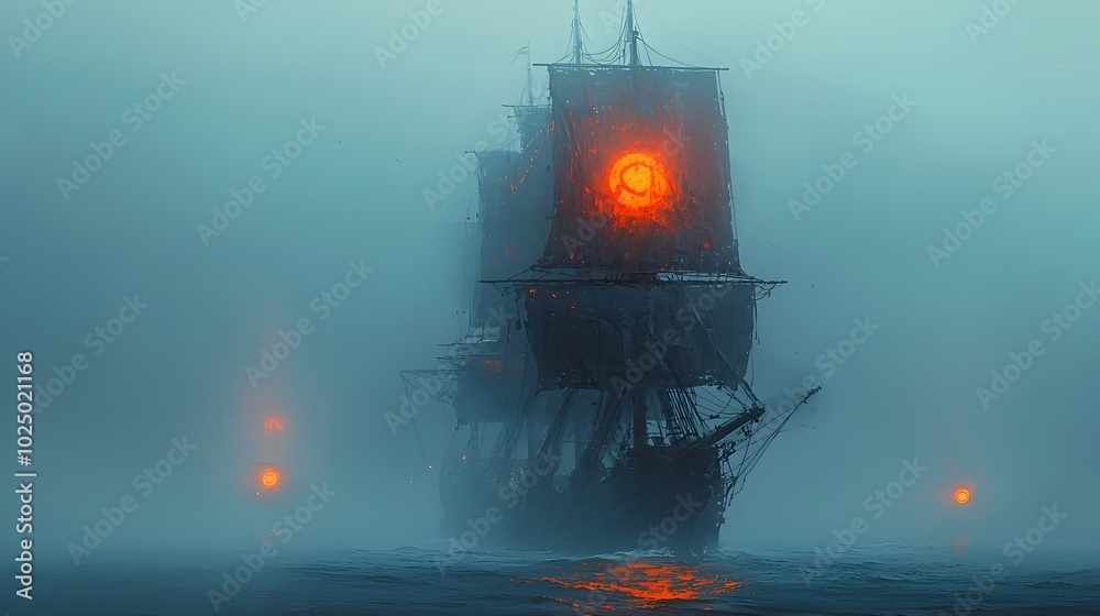 Poster a ghostly ship sailing through an ethereal fog its sails glowing with a mysterious otherworldly ligh