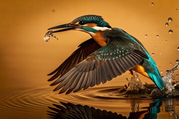 Feature a kingfisher diving into a pond, creating ripples as it goes underwater to catch a fish.

