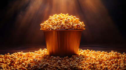 A large bucket overflowing with popcorn illuminated by warm stage lights in a darkened theater. National Popcorn Day concept