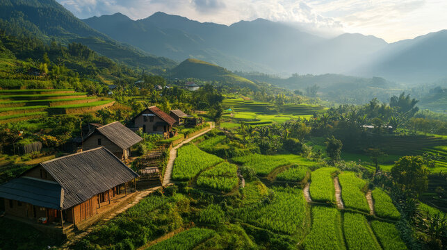 A peaceful rural community where families engage in sustainable farming, growing organic crops and living in harmony with nature, with green fields and mountains in the background