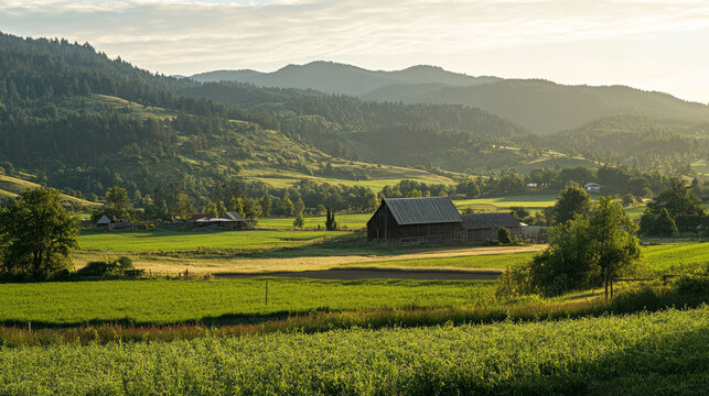 A peaceful rural community where families engage in sustainable farming, growing organic crops and living in harmony with nature, with green fields and mountains in the background