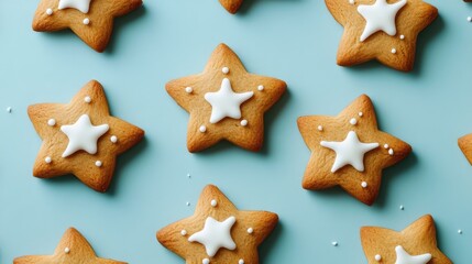 Gingerbread star cookies on starry night blue background. AI generated illustration.
