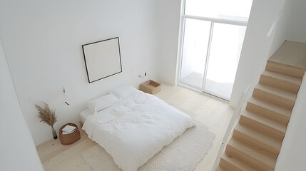 A peaceful and cozy Swedish style bedroom featuring white walls light wooden floors and a minimalist yet inviting decor captured from a high angle to showcase the serene and harmonious atmosphere