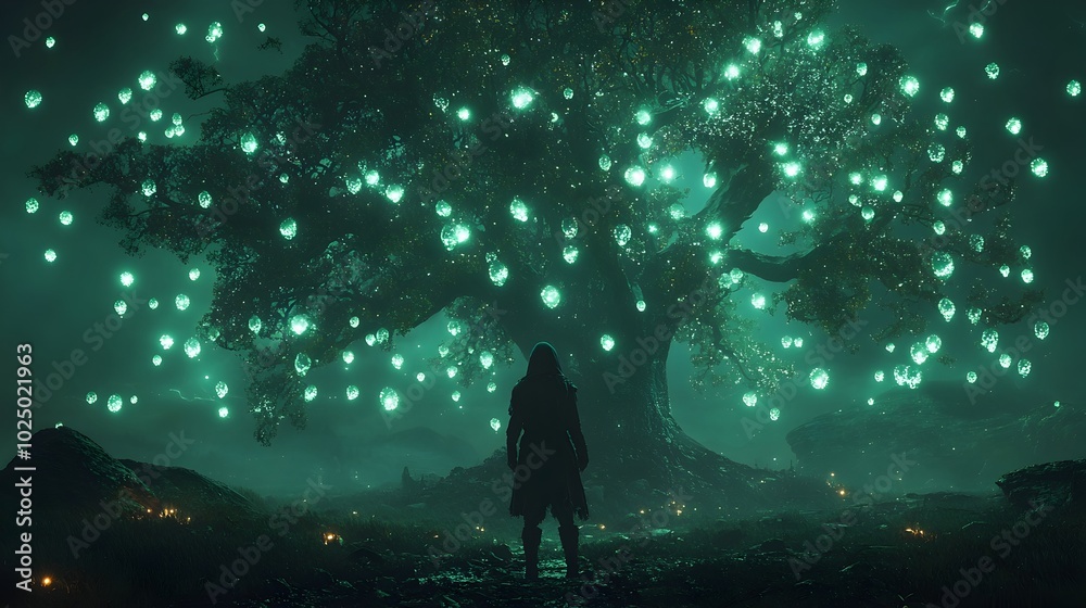 Aufkleber A spectral figure standing beneath an ancient gnarled tree surrounded by ghostly luminescent lights in a moody mysterious fog shrouded forest