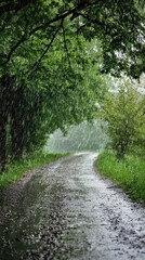 Tranquil Countryside Path During Rainfall