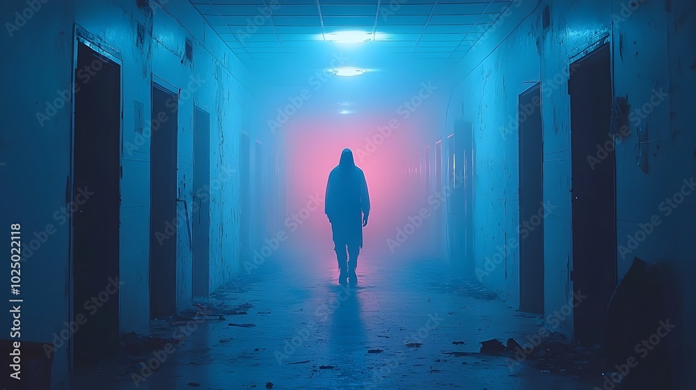 Poster A transparent ghostly figure silently walking through an old abandoned hallway with flickering lights creating an eerie and mysterious atmosphere