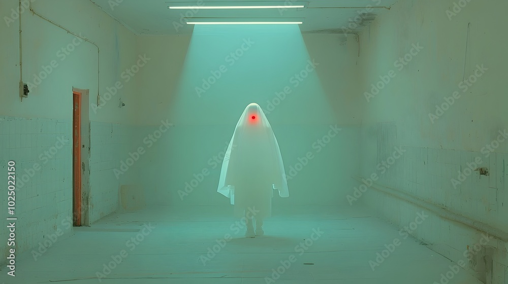 Poster a transparent ghostly humanoid figure walks through an old abandoned hallway with flickering dim lig