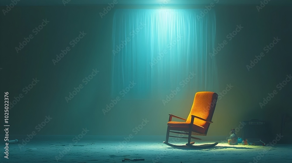 Aufkleber An empty rocking chair gently swaying and moving on its own in a dimly lit room with soft eerie shadows creating an unsettling and mysterious atmosphere