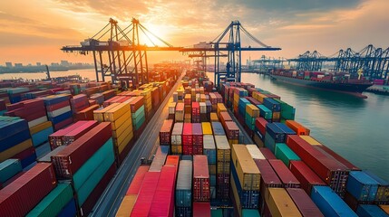 5. A dynamic view of rows of cargo containers on a docked container ship, with cranes in action and the busy atmosphere of an industrial port in the background, emphasizing global trade