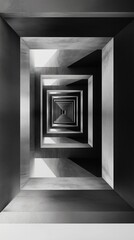 Abstract geometric pattern featuring a series of black and white concentric rectangles creating a tunnel-like visual illusion.