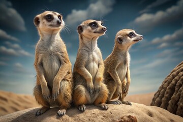 Photograph a family of meerkats standing alert on a sandy mound, watching their surroundings with curious expressions.
