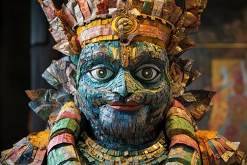 Obraz premium A sustainable idol of Lord Vishnu avatar Narasimha, made from recycled paper and plant-based paints, symbolizing protection and care for the Earth