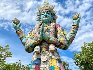 Fototapeta premium A sustainable statue of Lord Vishnu standing tall, made from recycled materials and painted with eco-friendly colors, symbolizing divine protection and environmental consciousness