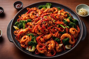 A sizzling platter of ojingeo bokkeum spicy stir-fried squid with vegetables, Ai Generated