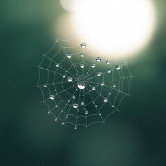 Obraz premium Delicate spider web glistening with dew drops in soft morning light against a blurred green background