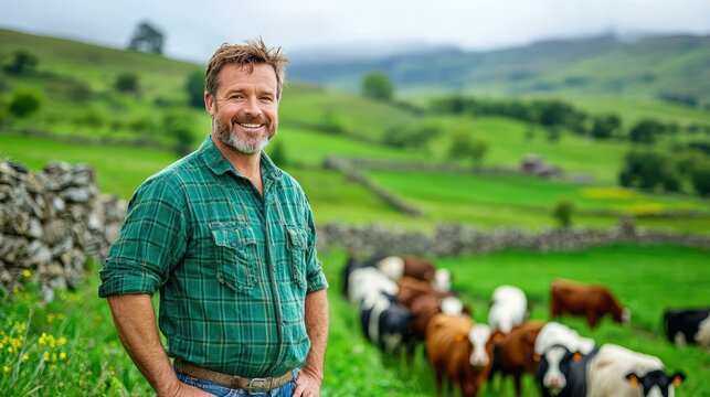 A proud Irish farmer stands in a vibrant green field, showcasing the beauty of traditional cattle farming, with a rustic stone wall as the backdrop to this picturesque countryside scene.