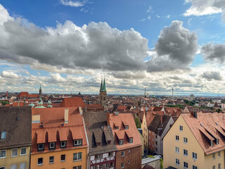 Aerial view of Nuremberg at sunny day with St. Sebaldus Church Tower