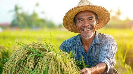 A cheerful Filipino farmer wearing a straw hat harvests rice in a beautiful rural field, embodying the spirit of agriculture and the vibrant culture of the Philippines with every smile.