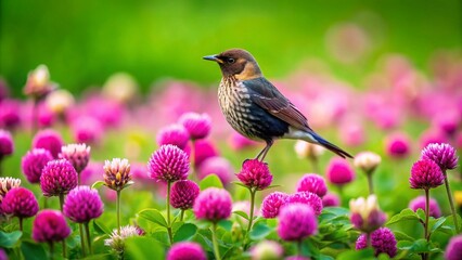 A Beautiful Bird Perched Among Vibrant Black Clover Blossoms in a Lush Green Field Landscape