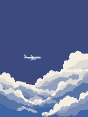 Minimalist vector illustration of an airplane flying above clouds and mountains, in a serene blue and yellow color palette. Simple and modern travel theme with geometric shapes and flat design style.