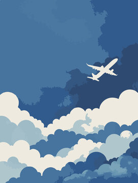 Minimalist vector illustration of an airplane flying above clouds and mountains, in a serene blue and yellow color palette. Simple and modern travel theme with geometric shapes and flat design style.