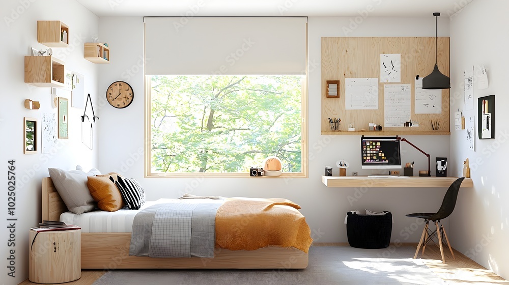 Poster cozy scandinavian style teen bedroom featuring light wood furniture neutral color palette and large 