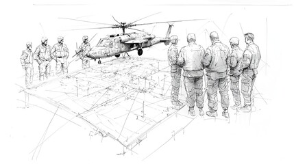 Obraz premium Detailed black and white line drawing depicting a group of military officers gathered around a large battle map planning and strategizing their next tactical move during an intense combat
