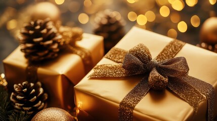 Golden gift boxes with shiny brown satin bow. AI generated illustration.