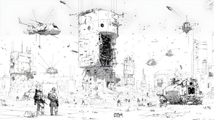 Fototapeta premium Detailed black line drawing of a post apocalyptic war scene with survivors scavenging among the ruins of a devastated city surrounded by destroyed buildings debris and chaos