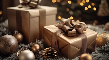 Golden gift boxes with shiny brown satin bow. AI generated illustration.