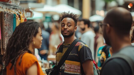 Obraz premium Shopper from Brazil Explore a multicultural pop-up market in the heart of the bustling city. It presents a variety of cities