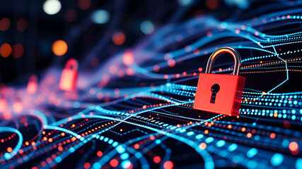 Fototapeta premium A flowing stream of data lines, protected by lock icons, symbolizing encrypted internet traffic.
