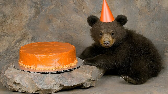 A close up portrait of a cute and adorable bear cub wearing a colorful party hat sitting next to a delicious looking birthday cake creating a festive and celebratory scene