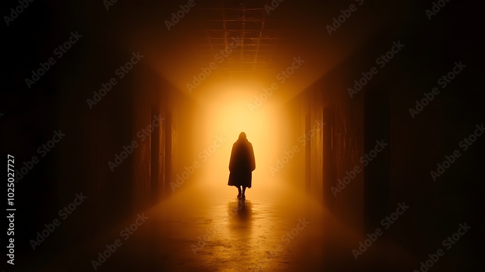 Aufkleber Eerie silhouette of a ghostly apparition standing at the end of a long dark and foreboding corridor with fading moody lighting creating an atmosphere of mystery and the supernatural