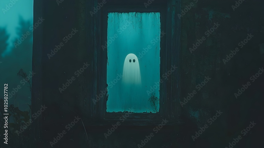 Aufkleber Eerie and mysterious image of a ghostly ethereal face appearing faintly and obscured through a cracked weathered window in an old abandoned Victorian style house creating an unsettling
