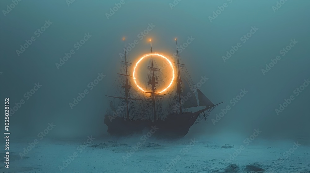 Poster ethereal ghost ship sailing through misty fog with glowing lights a haunting and mysterious scene of