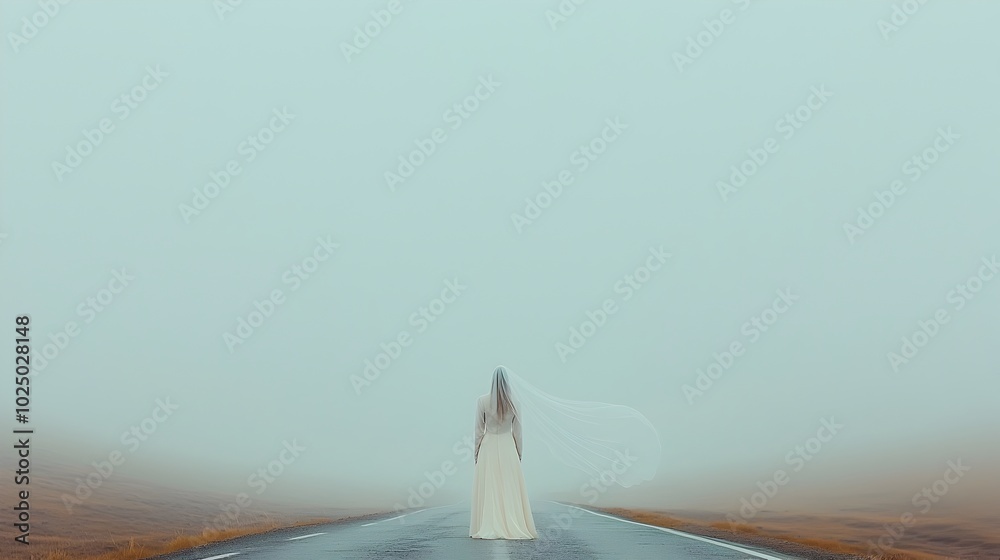 Aufkleber ethereal ghostly bride standing on a long empty road with a floating veil in the misty atmospheric l
