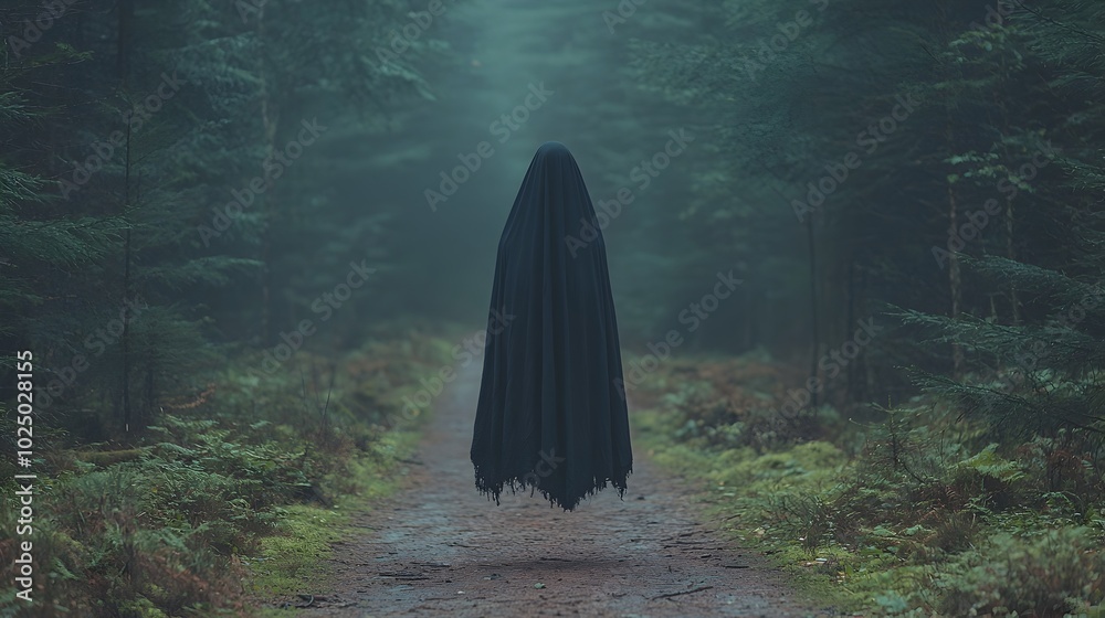 Aufkleber Ethereal ghostly figure in a long tattered dress hovering above an empty gloomy forest path at dusk creating an eerie supernatural atmosphere with a sense of mystery and the unknown