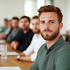 Fototapeta premium A focused man in a meeting with others in the background.