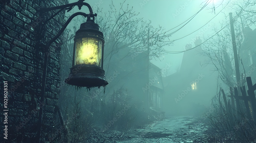 Poster flickering lantern casting ghostly light in the middle of an empty fog shrouded street the atmospher